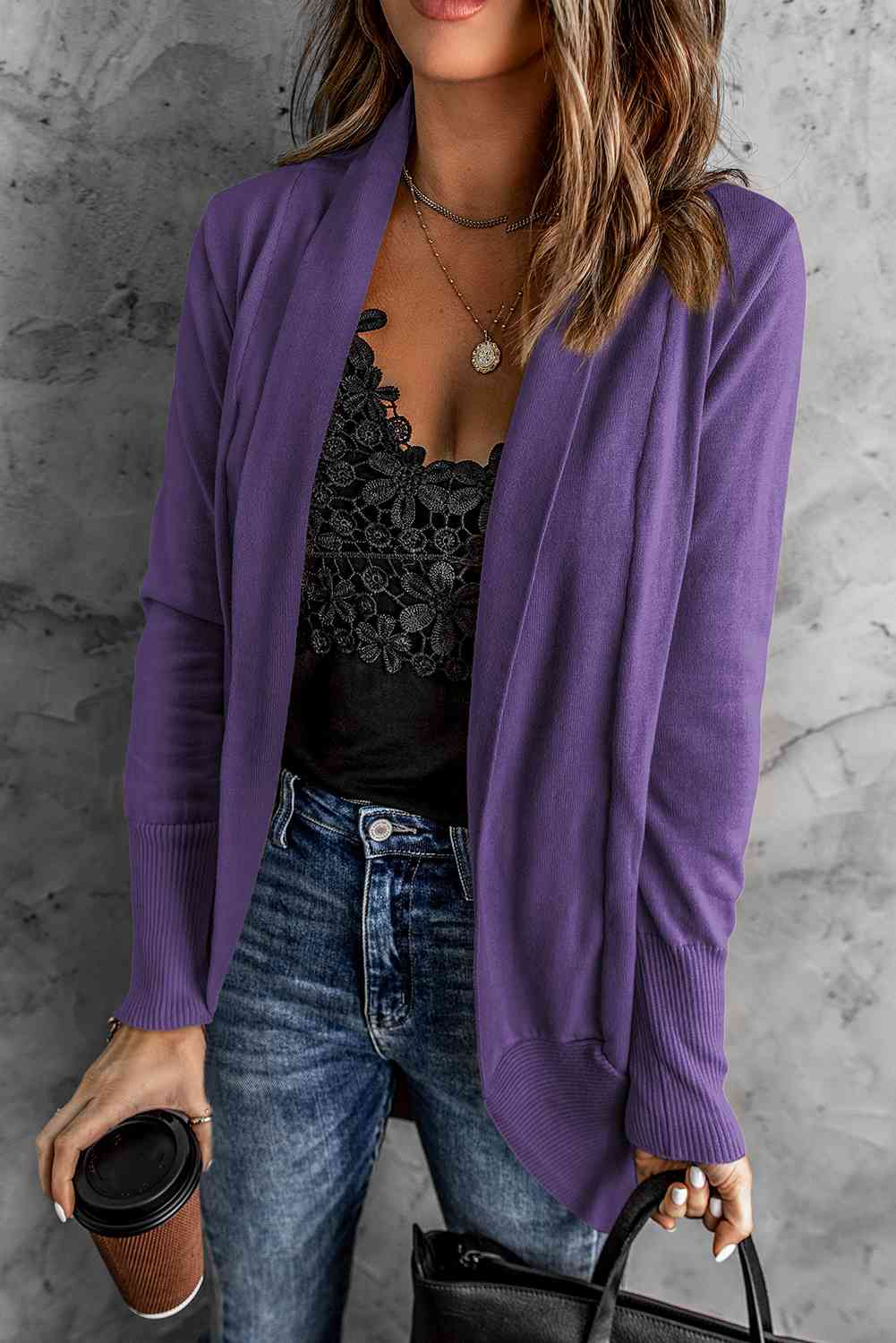 Double Take Long Sleeve Ribbed Hem Open Front Longline Cardigan