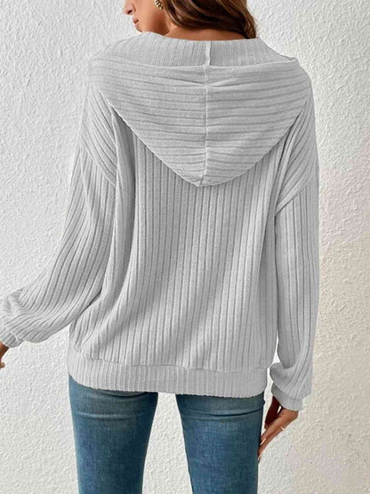 Ribbed Dropped Shoulder Drawstring Hoodie - Create the impossible