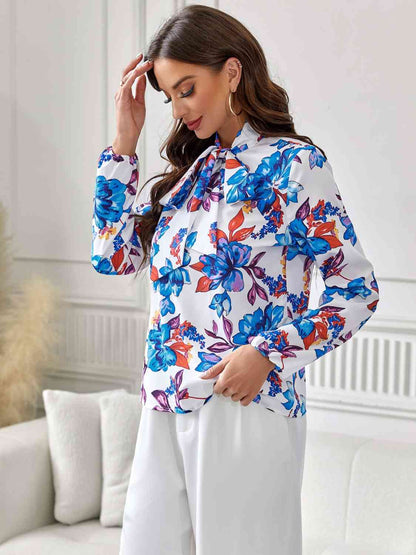 Floral Tie Neck Long Sleeve Blouse