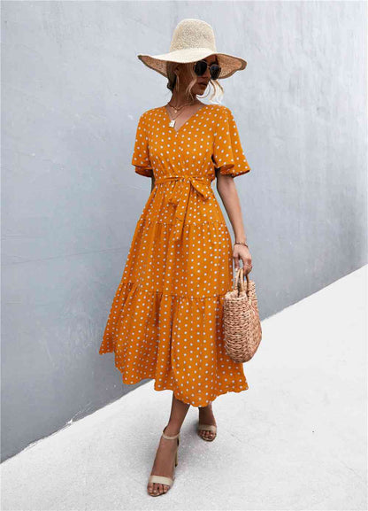 Printed V-Neck Flutter Sleeve Belted Dress - Create the impossible