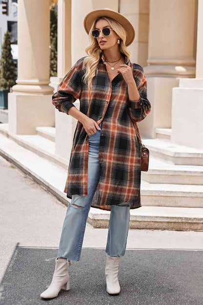 Plaid Collared Neck Long Sleeve Coat