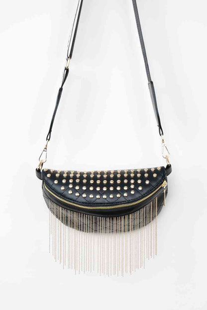 Adored PU Leather Studded Sling Bag with Fringes