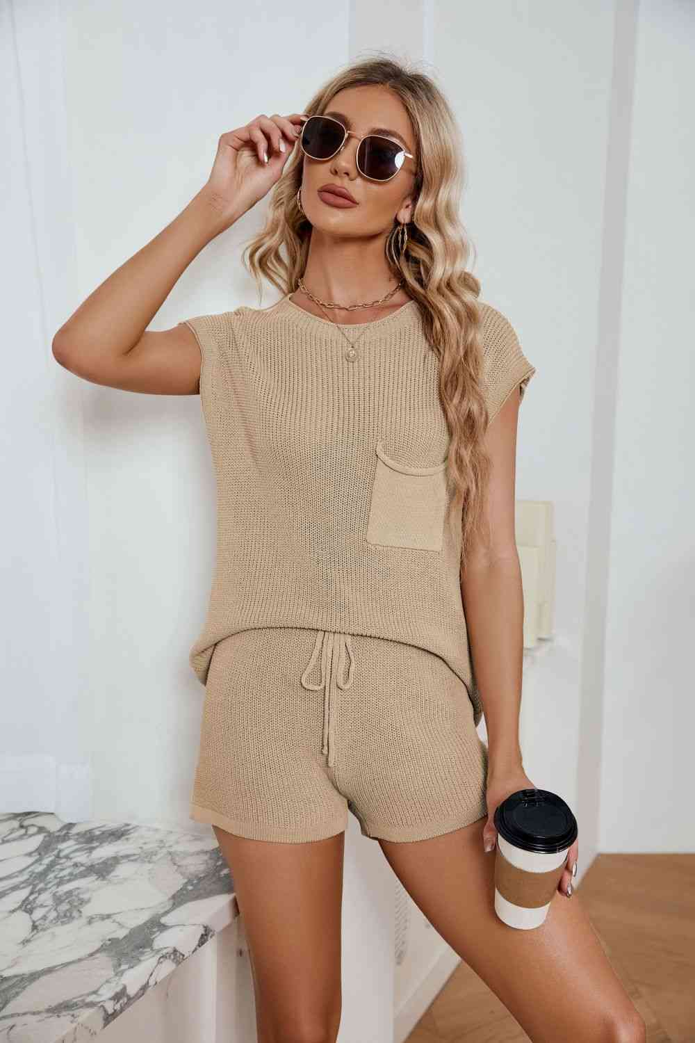 Ribbed Round Neck Pocket Knit Top and Shorts Set