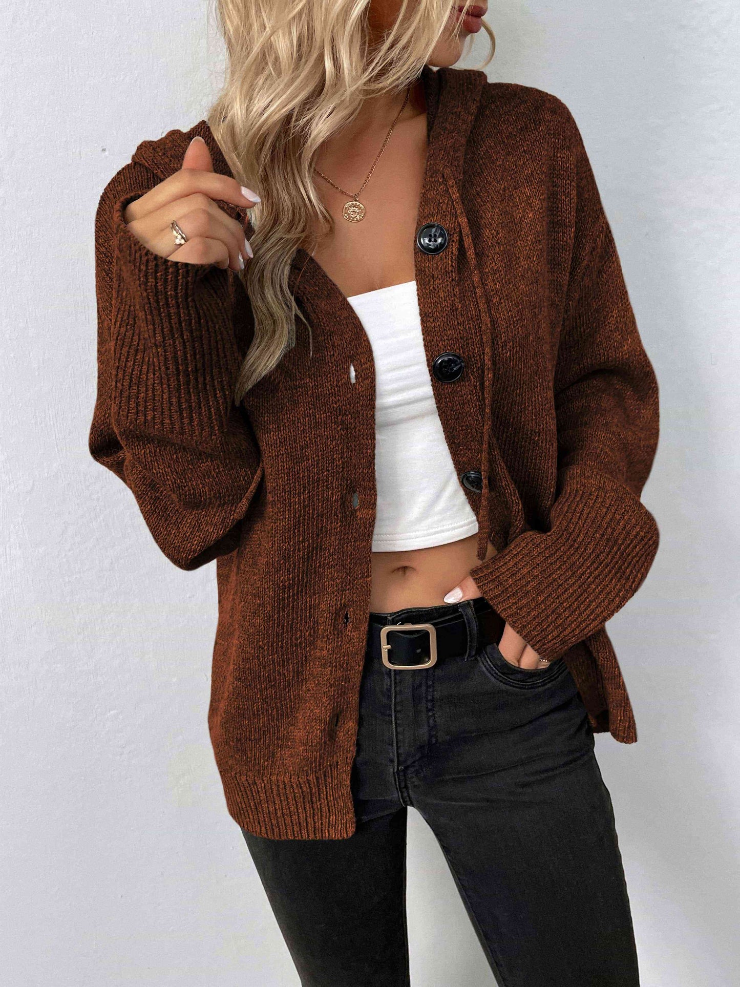 Button-Down Long Sleeve Hooded Sweater - Create the impossible
