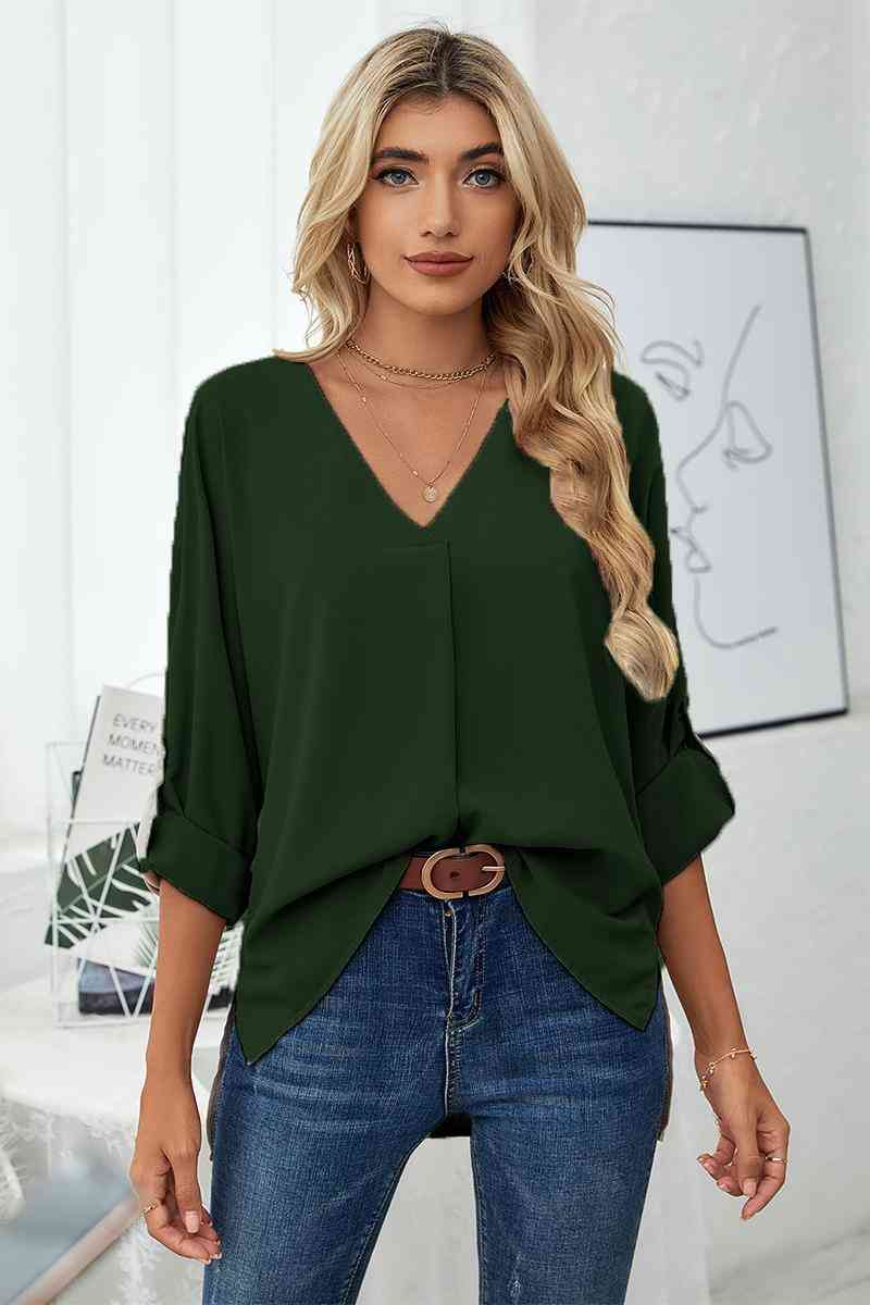 Roll-Tab Sleeve V-Neck Blouse - Create the impossible