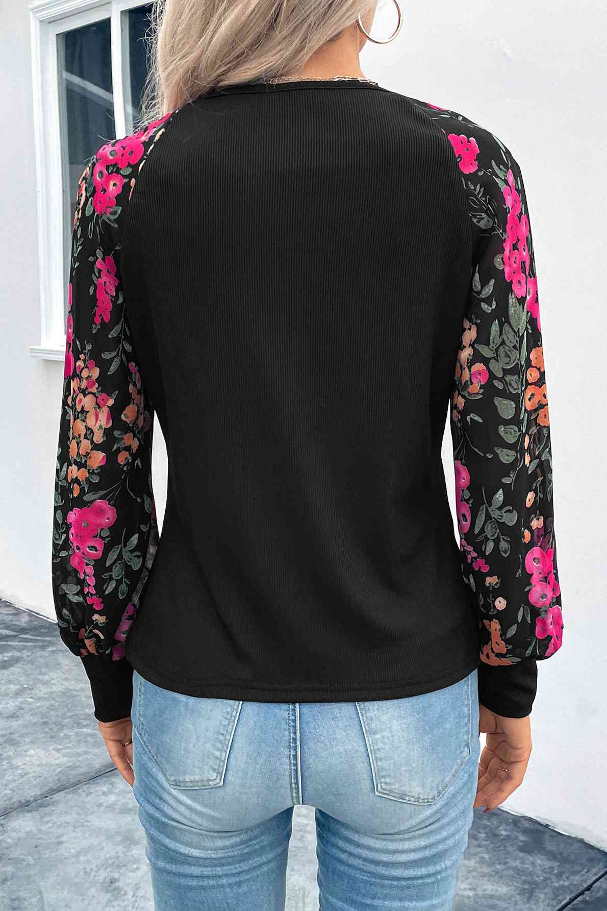 Floral Round Neck Lantern Sleeve Blouse - Create the impossible