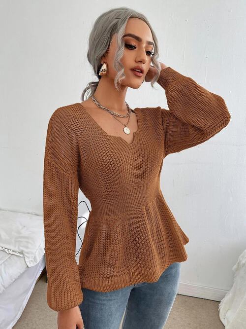 Notched Dropped Shoulder Knit Top