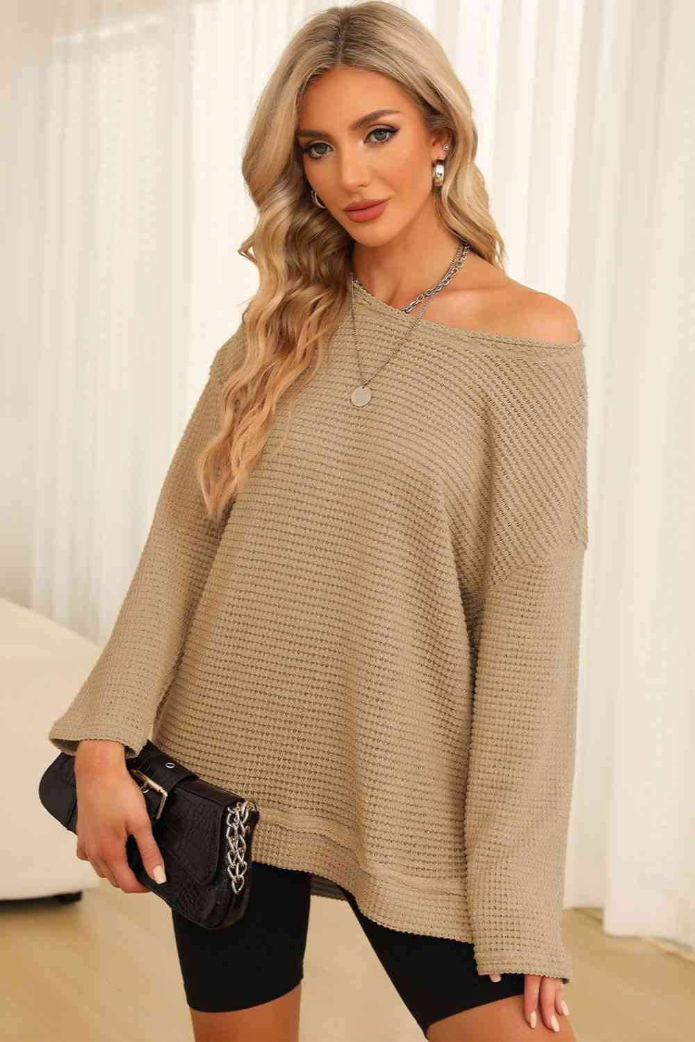 Waffle-Knit Round Neck Long Sleeve Sweatshirt - Create the impossible