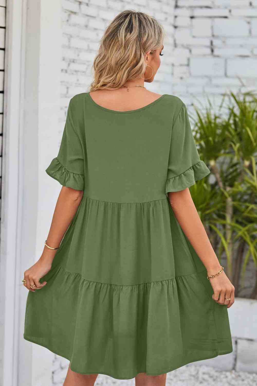 V-Neck Flounce Sleeve Tiered Dress