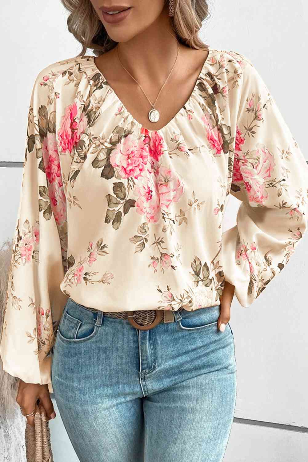 Floral V-Neck Balloon Sleeve Blouse - Create the impossible