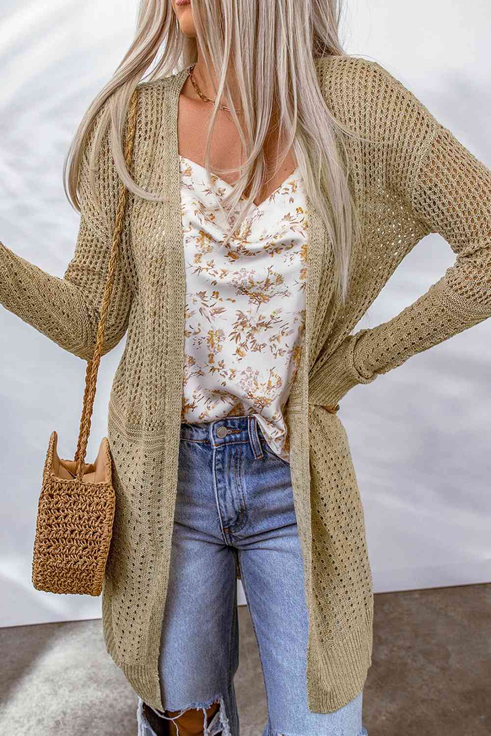 Double Take Openwork Dropped Shoulder Open Front Cardigan