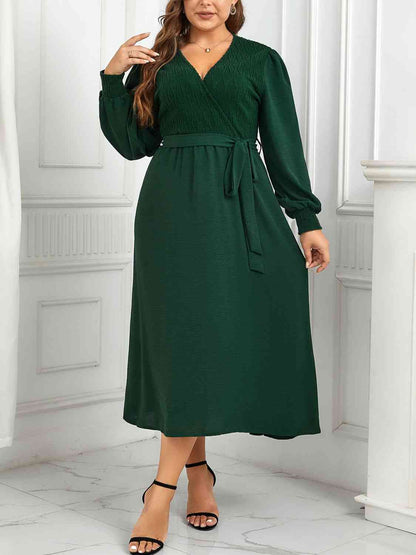 Plus Size Surplice Neck Tie Waist Long Sleeve Midi Dress