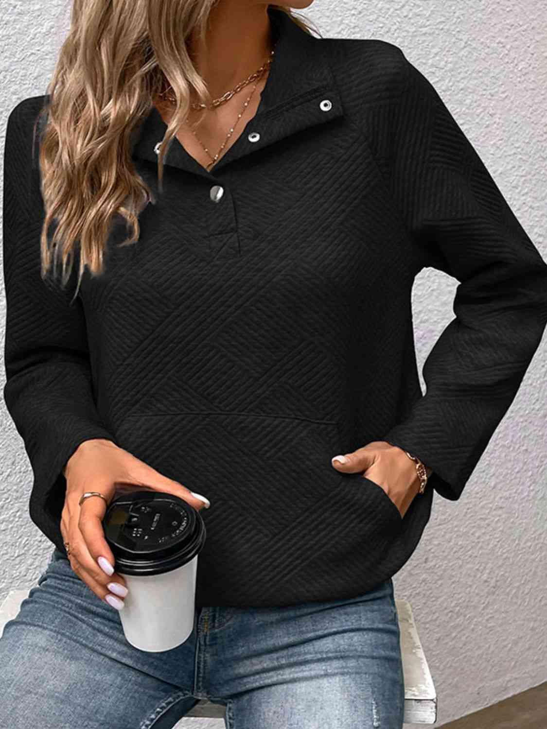 Half Buttoned Collared Neck Sweatshirt with Pocket - Create the impossible
