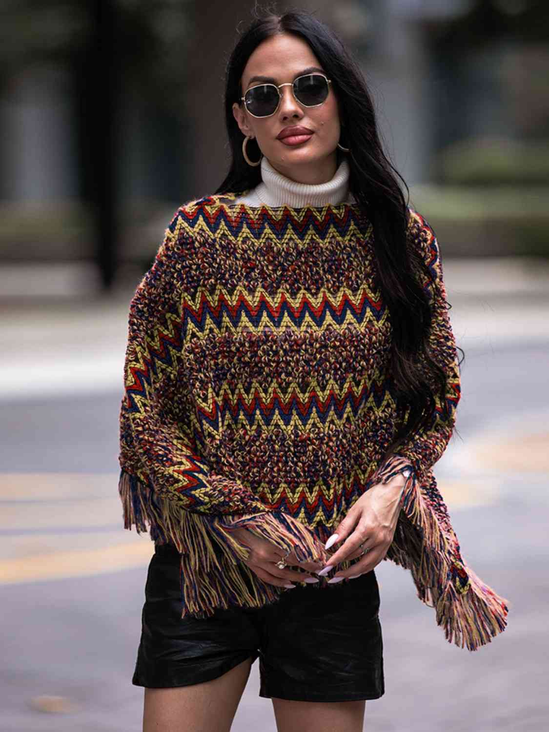 Fringe Hem Boat Neck Poncho