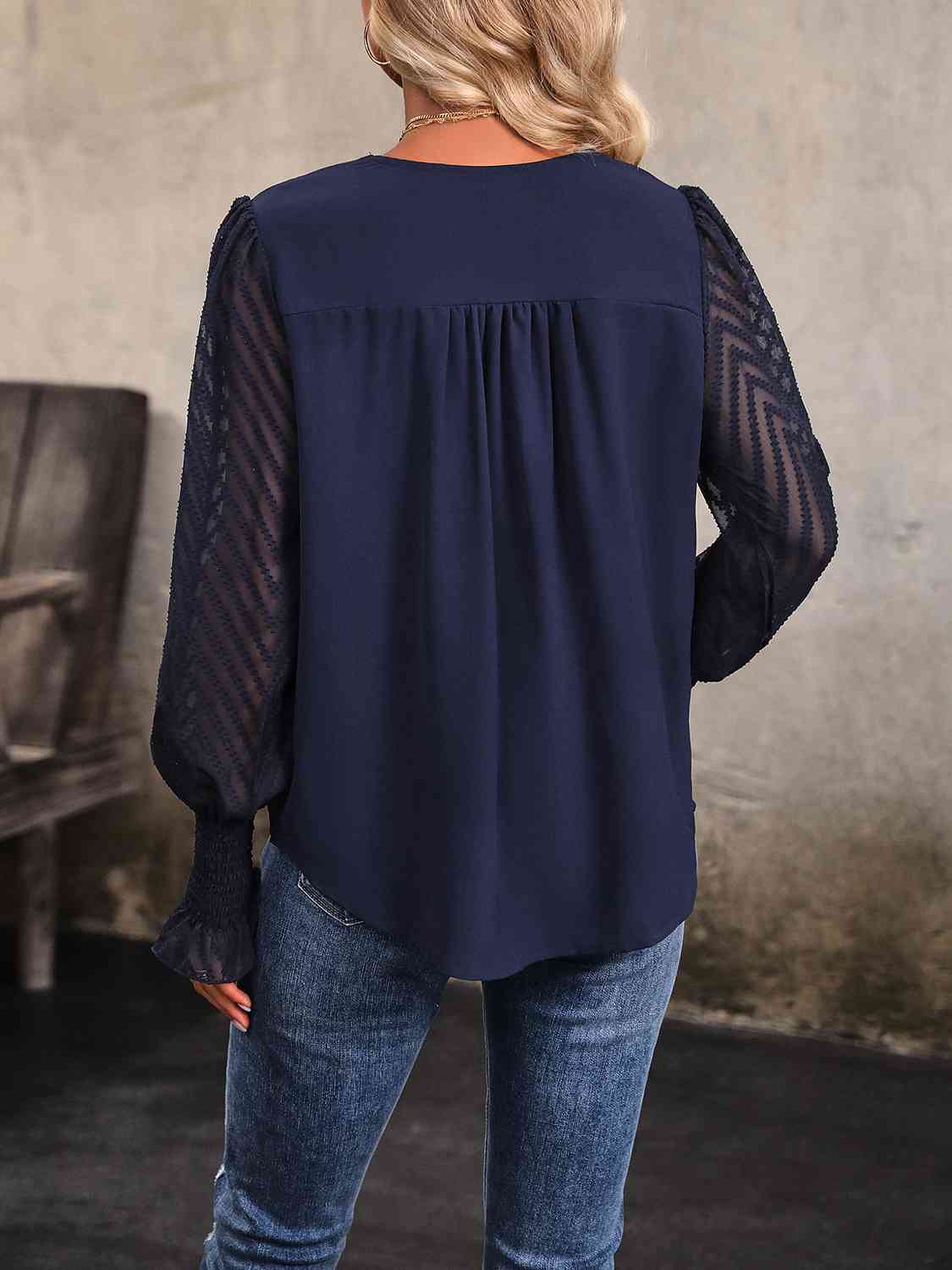 V-Neck Long Mesh Sleeve Top