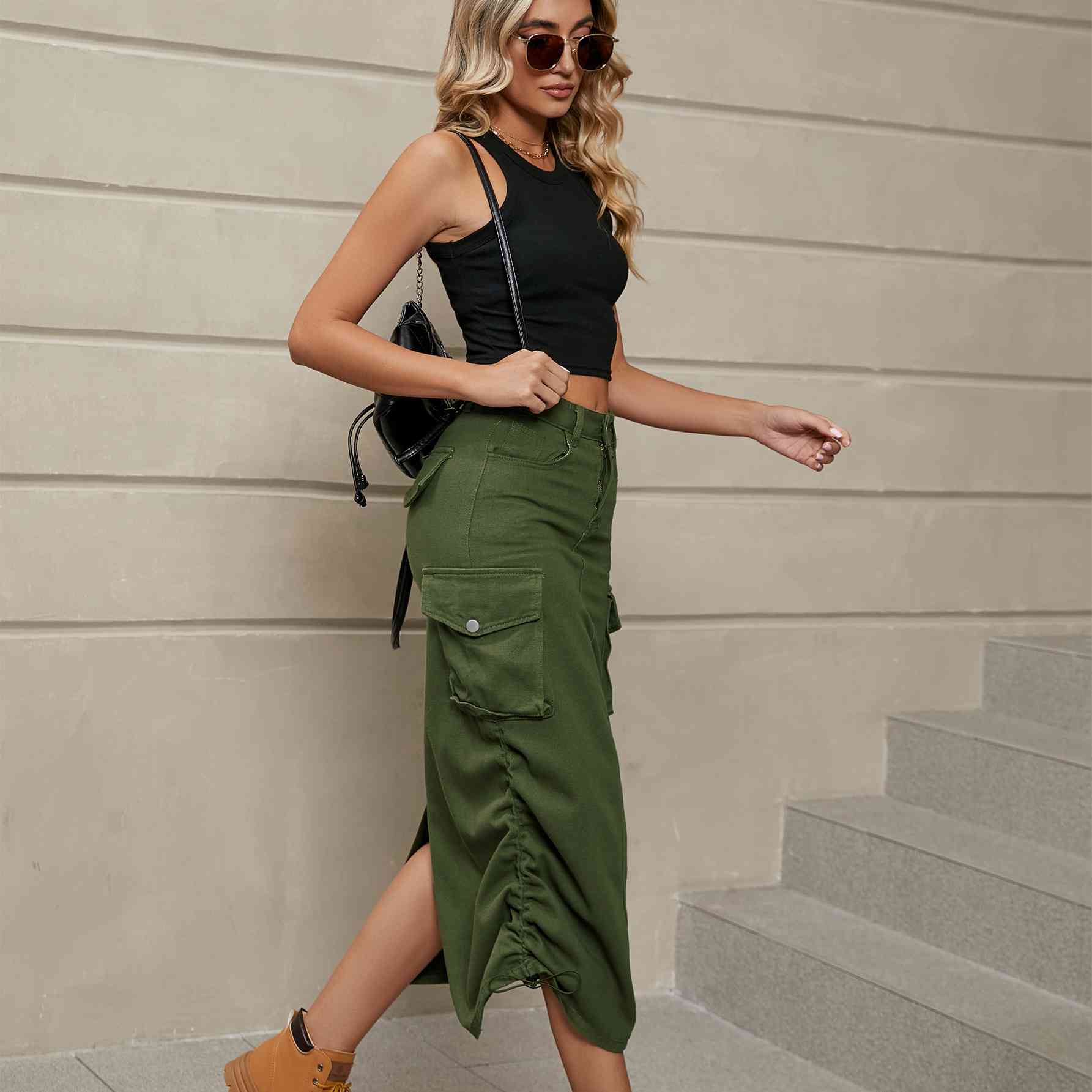 Drawstring Ruched Slit Denim Midi Skirt - Create the impossible