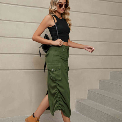 Drawstring Ruched Slit Denim Midi Skirt - Create the impossible