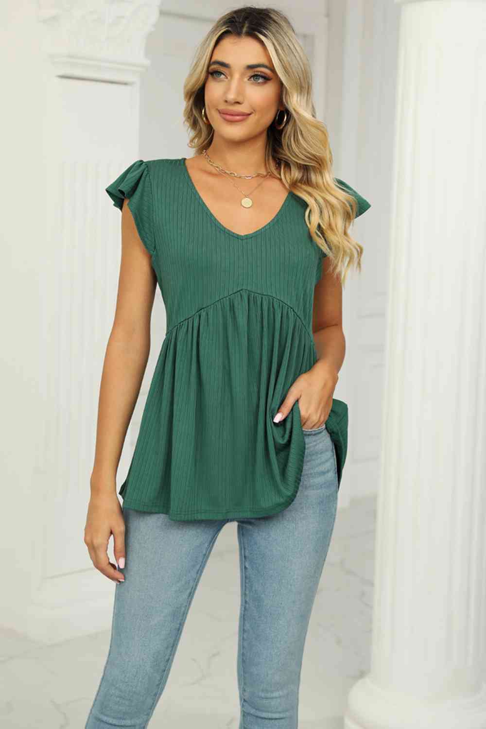 V-Neck Flutter Sleeve Babydoll Blouse - Create the impossible