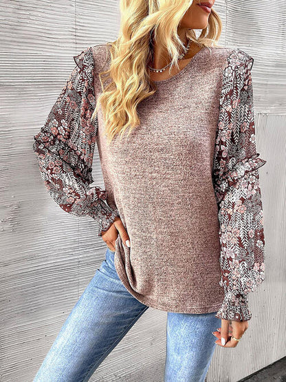 Round Neck Contrasting Color Printed Lantern Sleeve Top