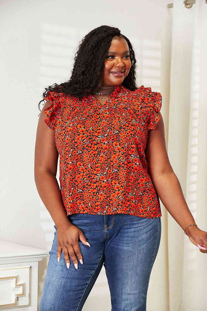 Double Take Floral Flutter Sleeve Notched Neck Blouse - Create the impossible