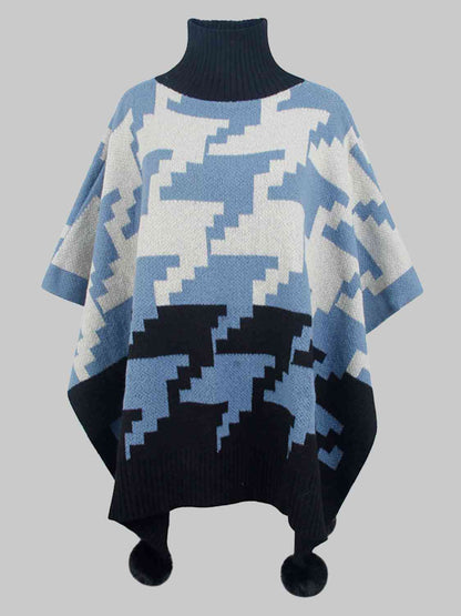 Turtleneck Pom-Pom Trim Poncho