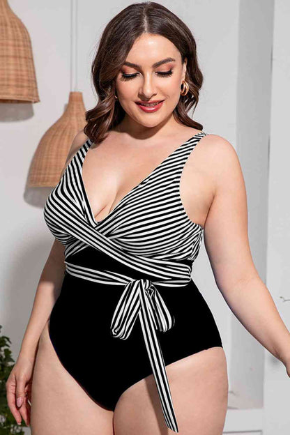 Plus Size Striped Tie-Waist One-Piece Swimsuit