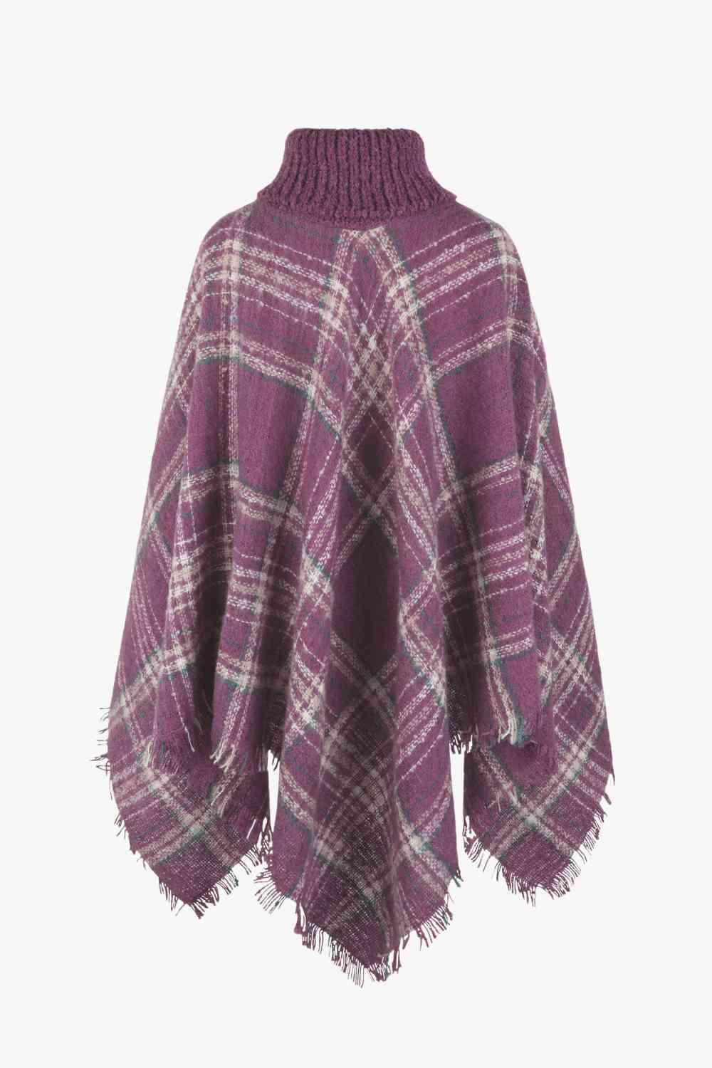 Plaid Turtleneck Fringe Hem Poncho