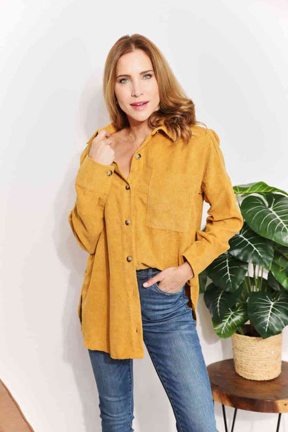 HEYSON Full Size Oversized Corduroy  Button-Down Tunic Shirt with Bust Pocket