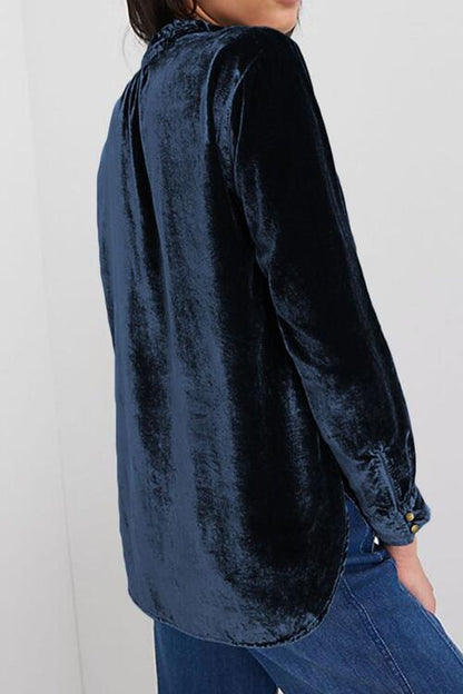 Notched Neck Buttoned Long Sleeve Velvet Blouse - Create the impossible