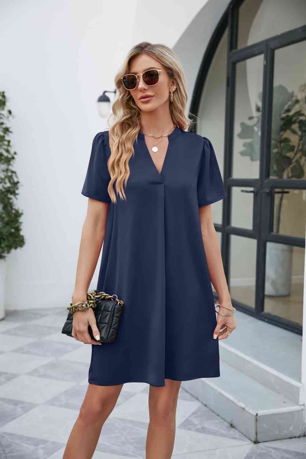 Notched Puff Sleeve Shift Dress