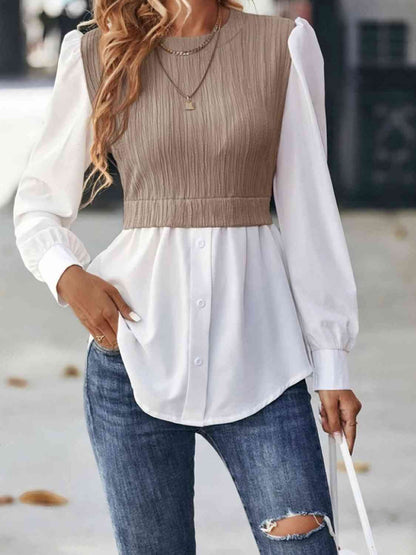 Contrast Round Neck Puff Sleeve Blouse - Create the impossible