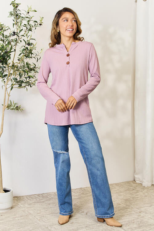 Celeste Full Size Texture Half Button Long Sleeve Blouse - Create the impossible