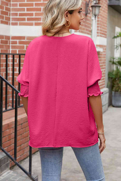 Round Neck Smocked Lantern Sleeve Blouse - Create the impossible