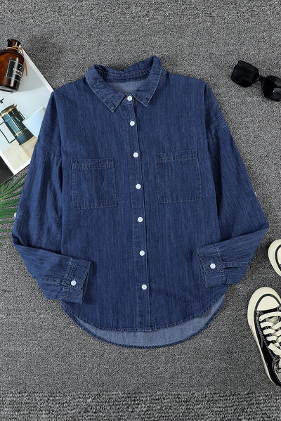 Pocketed Button Up Collared Neck Denim Top