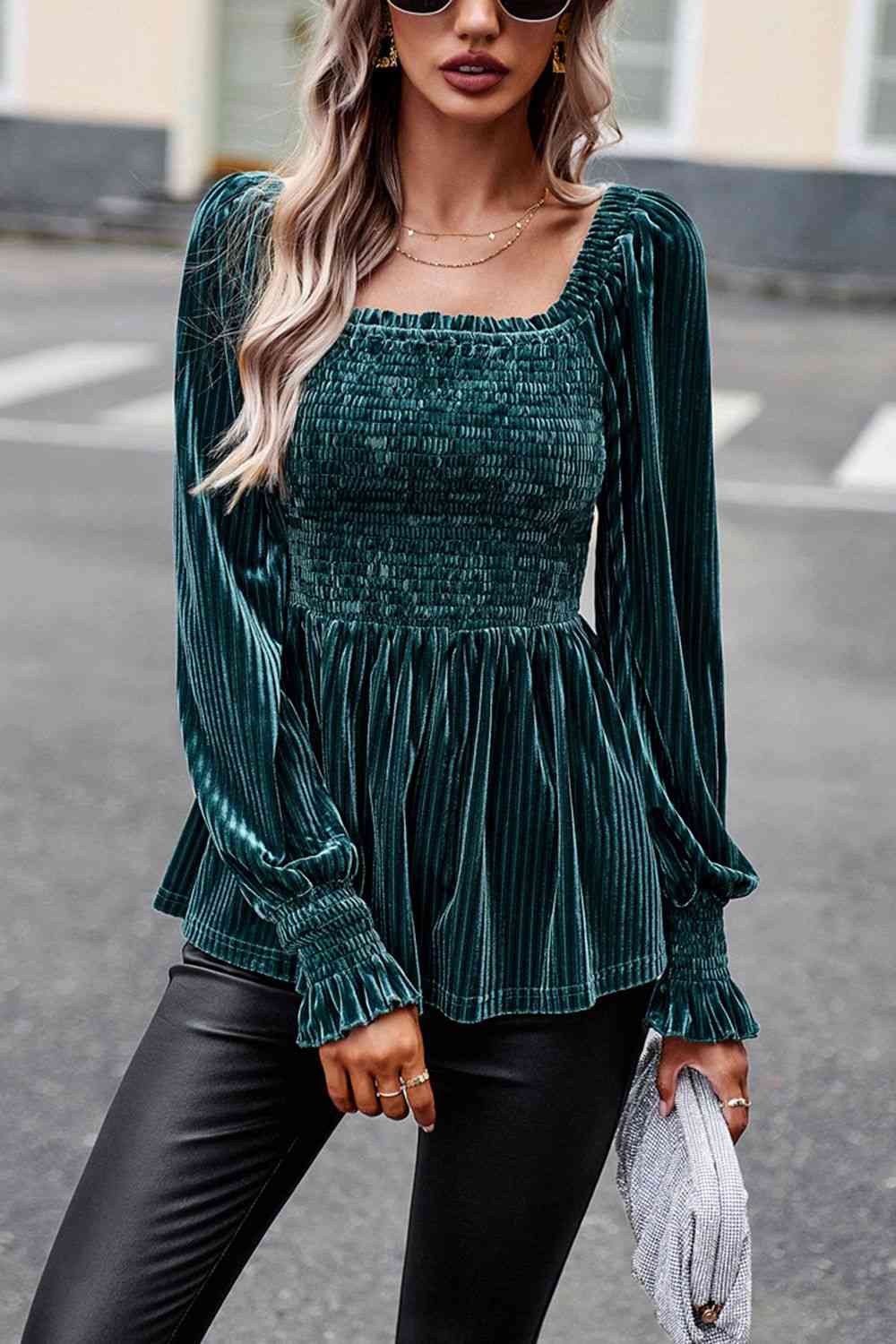 Smocked Square Neck Long Sleeve Blouse - Create the impossible