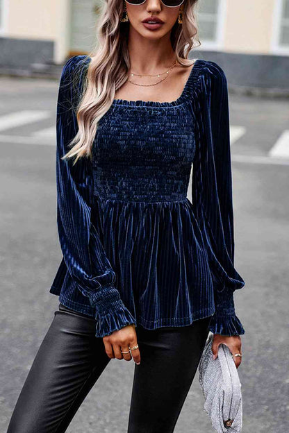 Smocked Square Neck Long Sleeve Blouse - Create the impossible