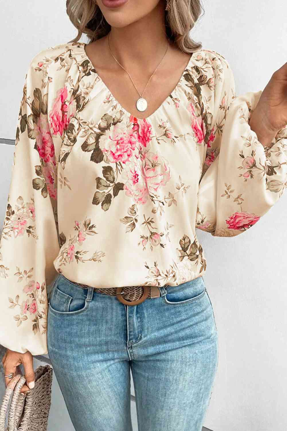 Floral V-Neck Balloon Sleeve Blouse - Create the impossible