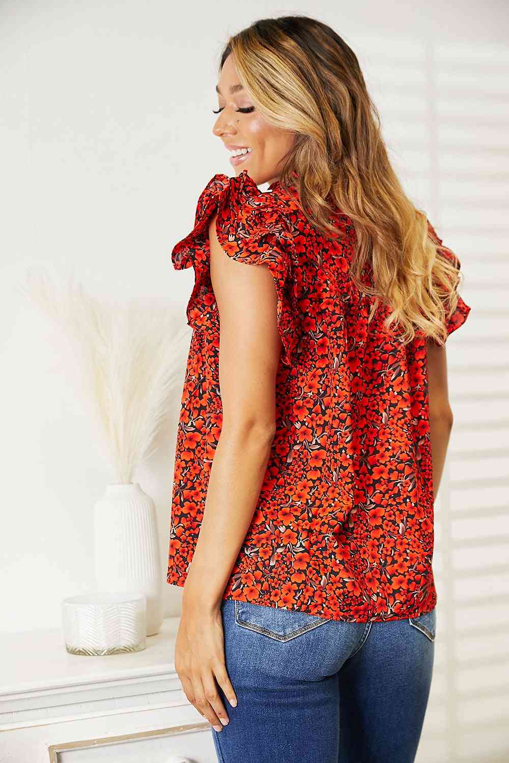 Double Take Floral Flutter Sleeve Notched Neck Blouse - Create the impossible