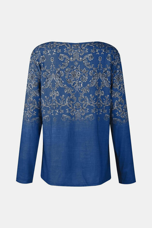 Printed Notched Long Sleeve T-Shirt