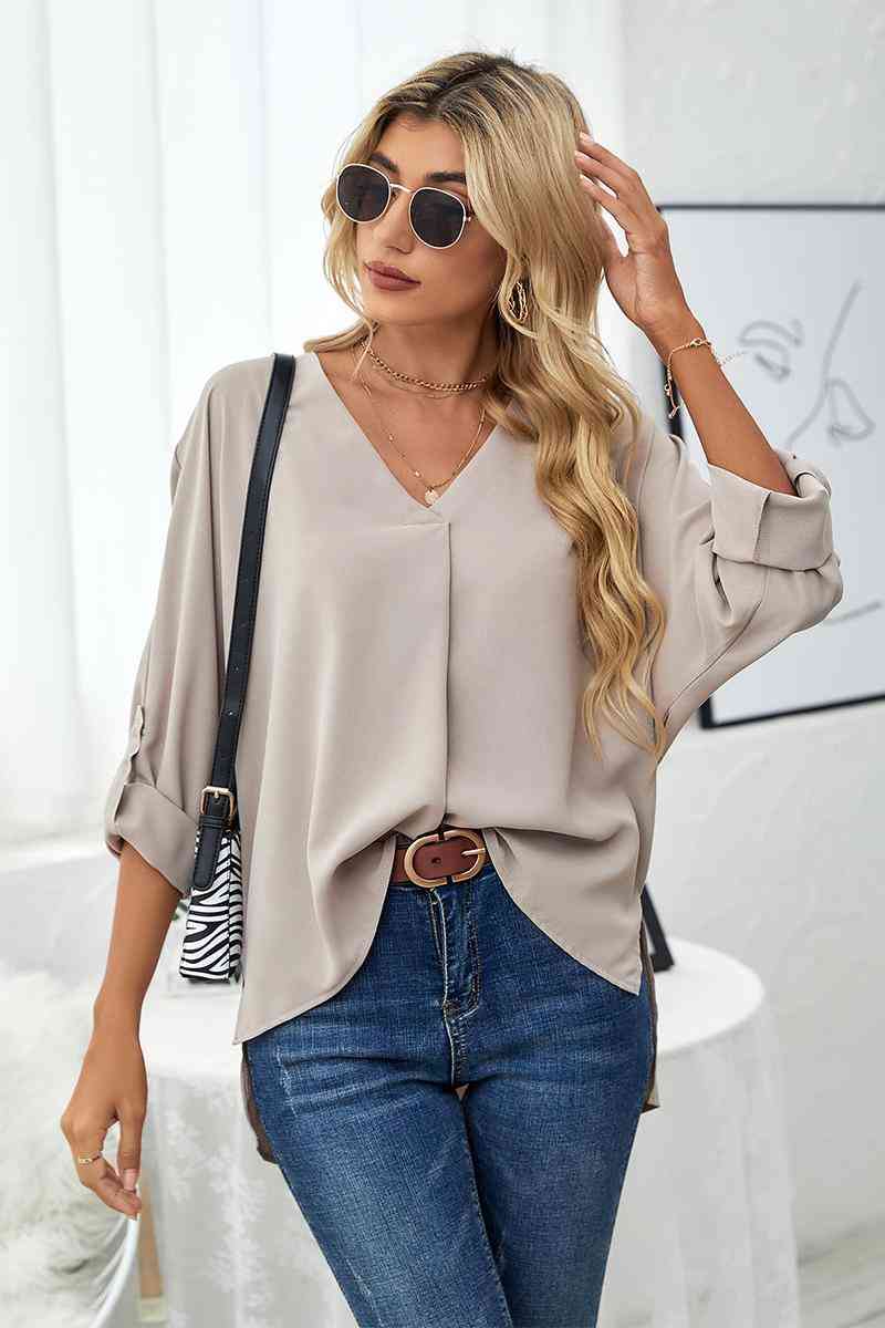 Roll-Tab Sleeve V-Neck Blouse - Create the impossible