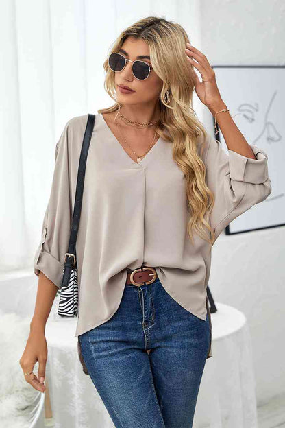 Roll-Tab Sleeve V-Neck Blouse - Create the impossible