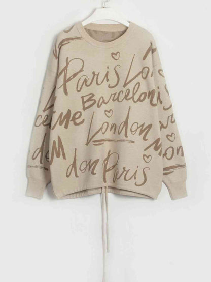 Letter Round Neck Drawstring Sweater