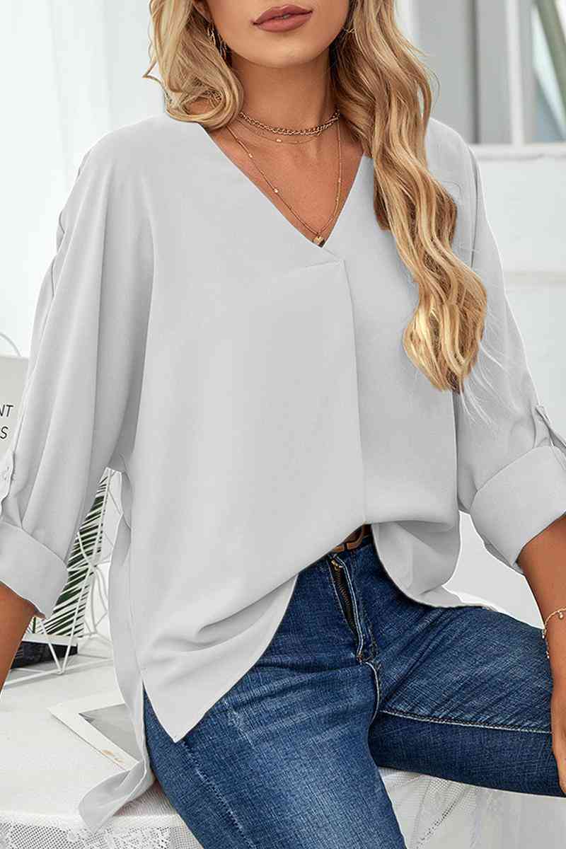 Roll-Tab Sleeve V-Neck Blouse - Create the impossible