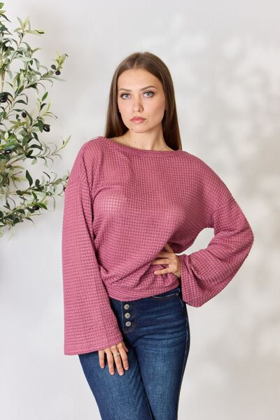 Culture Code Full Size Waffle-Knit Round Neck Long Sleeve Blouse - Create the impossible