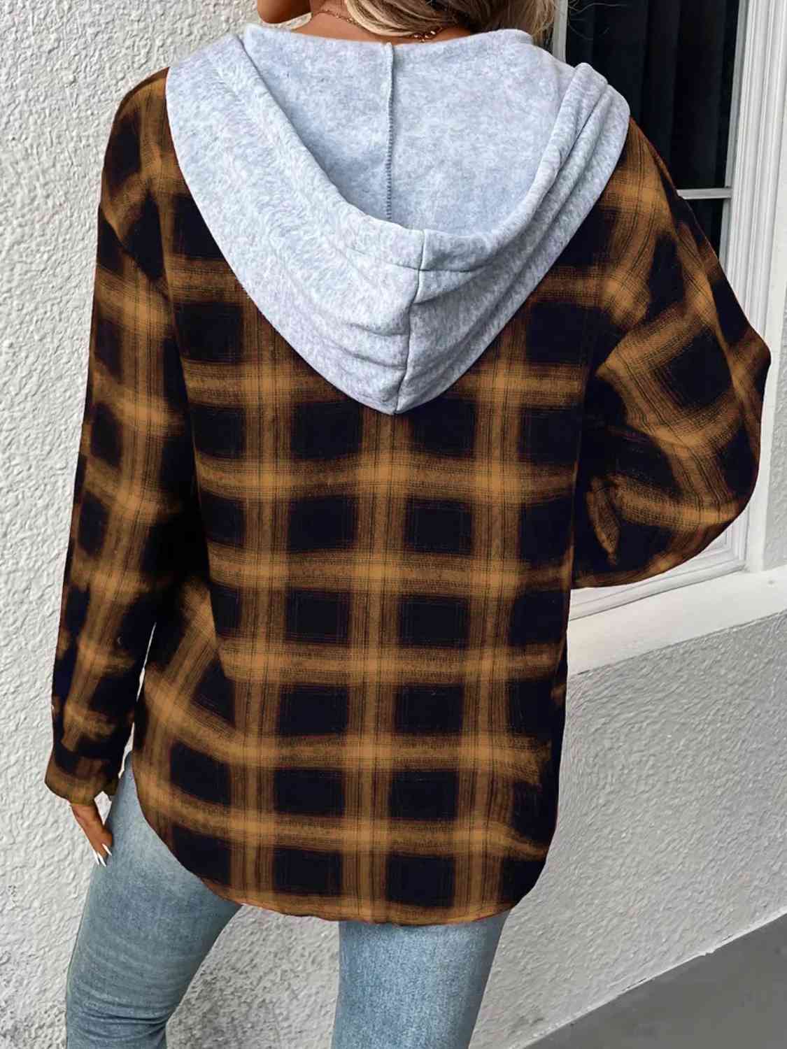 Plaid Drawstring Button Up Hooded Jacket