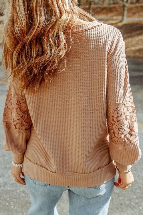 Plus Size Waffle -Knit V-Neck Long Sleeve Blouse - Create the impossible