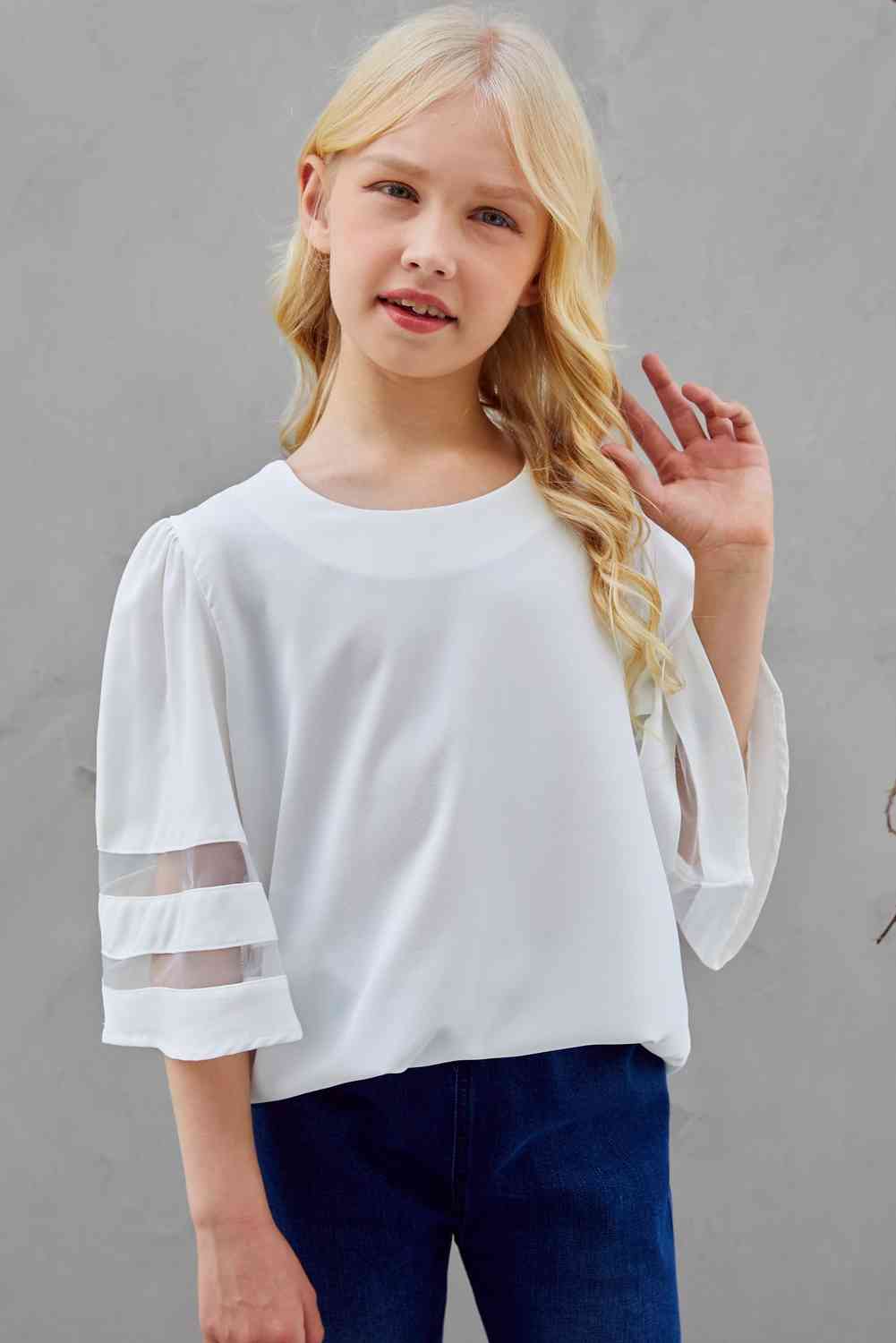 Girls Sheer Striped Flare Sleeve Tee Shirt