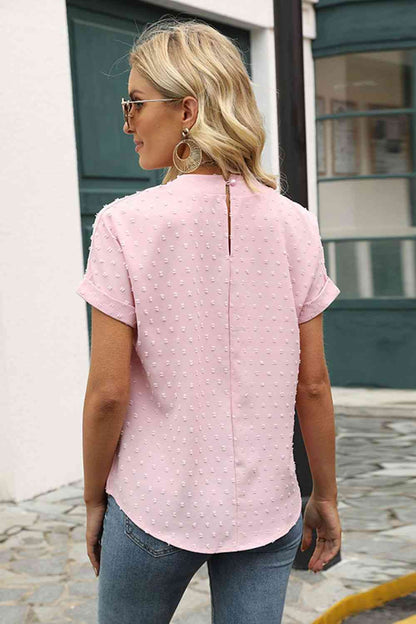 Swiss Dot Round Neck Short Sleeve Blouse - Create the impossible