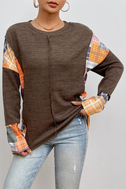 Plaid Exposed Seam Round Neck Sweatshirt