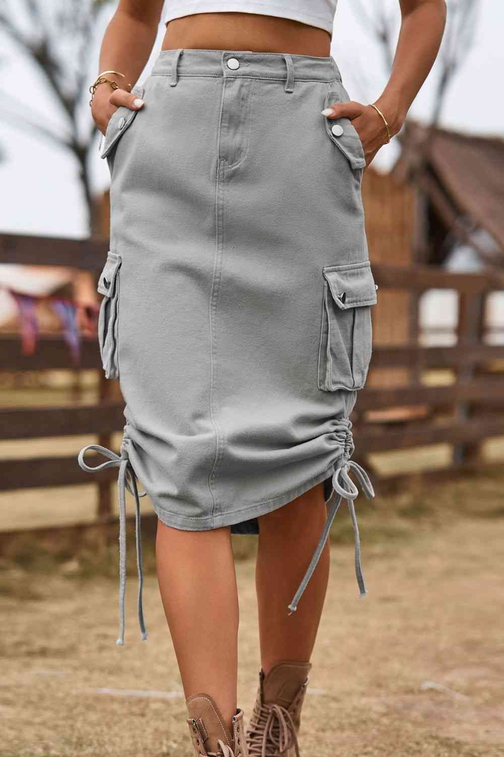 Drawstring Denim Cargo Skirt - Create the impossible